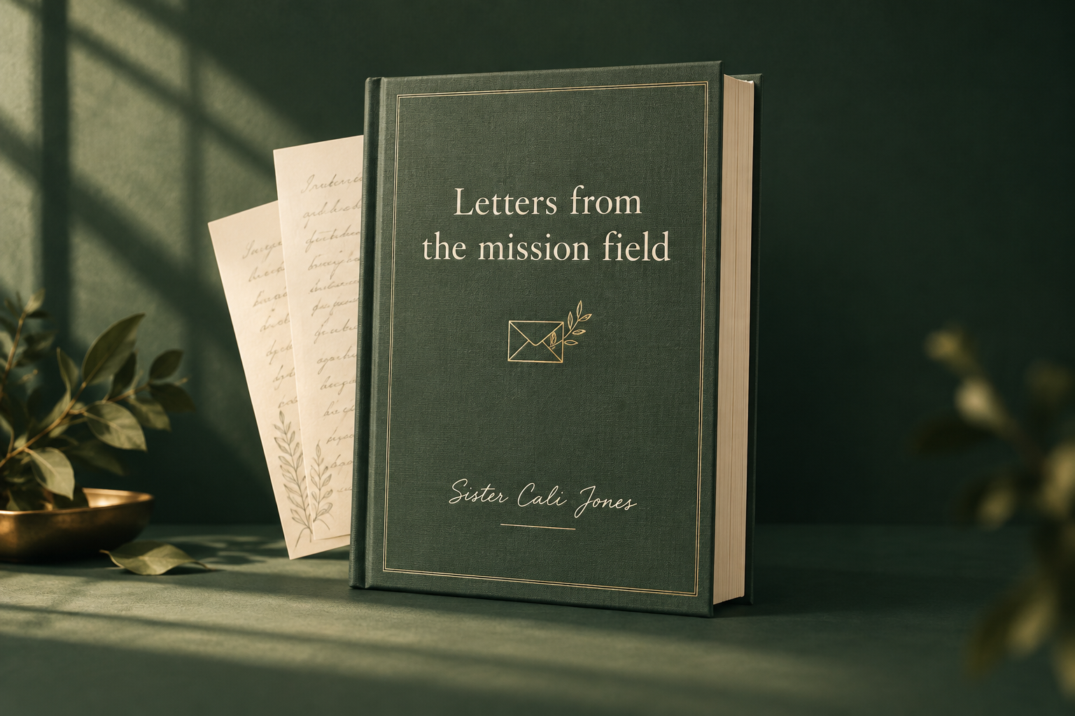 A forest-green printed book titled ‘Letters from the mission field,’ with Sister Cali Jones's name on the cover and letter pages tucked behind it.
