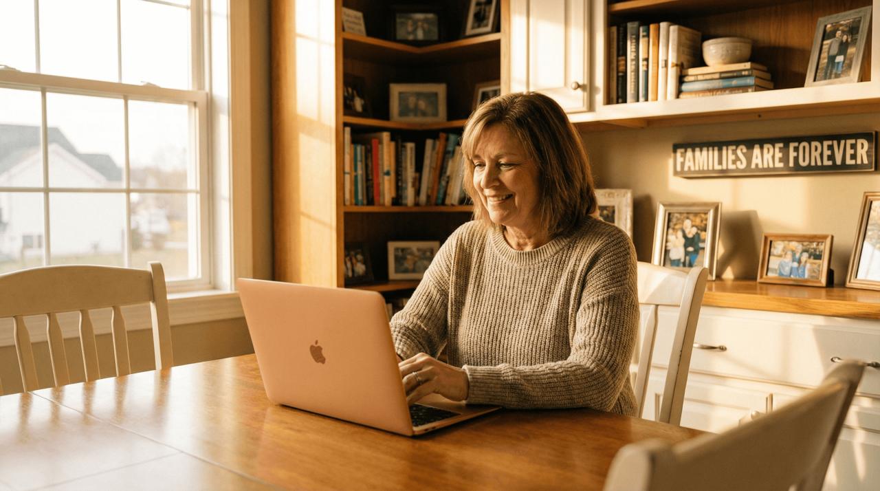 A missionary mom smiling at her laptop, family photos in the background