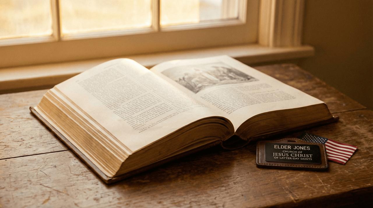 An open book with a missionary name badge beside it, warm golden light